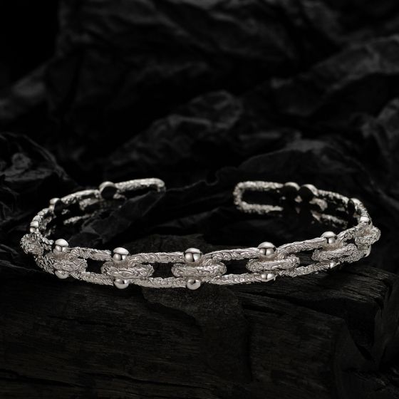 Fashion Irregular Pattern 925 Sterling Silver Curb Beads Chain Open Bangle