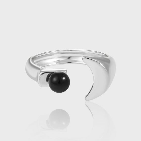 Graduation Round Black Agate Crescent Moon 925 Sterling Silver Adjustable Ring