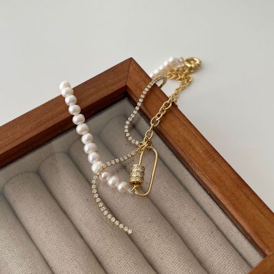 Casual Irregular Natural Pearl CZ Chain 925 Sterling Silver Necklace