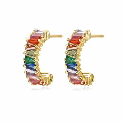 Colorful CZ C Shape 925 Sterling Silver Stud Earrings