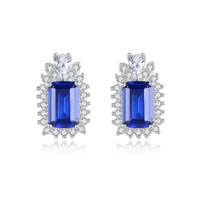 Elegant Blue CZ Geometry Baguette 925 Sterling Silver Stud Earrings