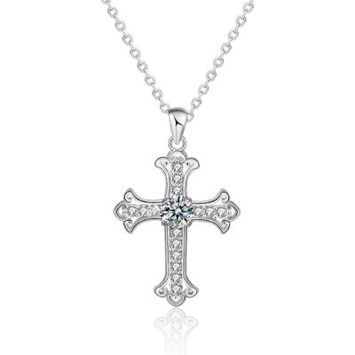 Office Moissanite CZ Cross 925 Sterling Silver Necklace