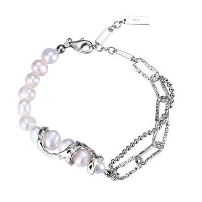 Women Elegant Natural Baroque Pearls 925 Sterling Silver Curb Chian Montage Bracelet