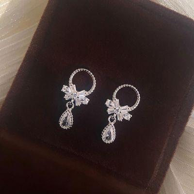 Sweet CZ Bow-Knot Garlands Waterdrop 925 Sterling Silver Dangling Earrings